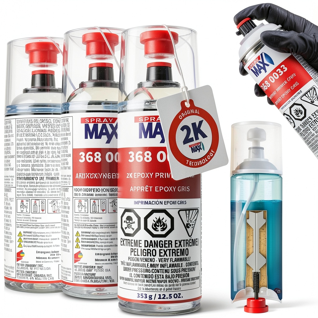 SprayMax 2K Epoxy Primer aerosol can in matte gray on a metal surface