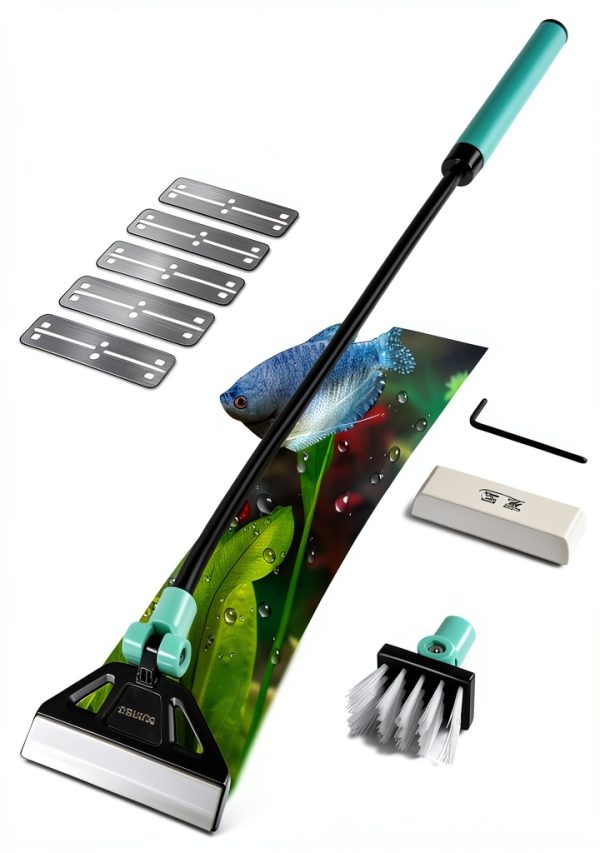 UPETTOOLS Algae Scraper for Glass Aquariums, 2 in 1 Adjustable Algae Scraper with 5 Stainless Steel Blades and Cleaning Brush, Aquarium Glass Cleaning Tools for 20-40 Gallon Fish Tank-0