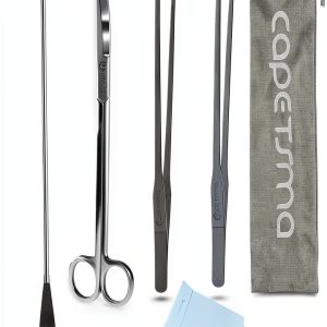 Capetsma Aquascape Long Stainless Steel Plant Tools Set - Aquarium Tweezers, Scissors, Spatula, Algae Scrapers - Fish Tank Cleaning Kit-0