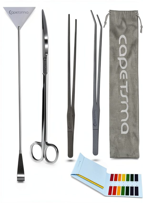 Capetsma Aquascape Long Stainless Steel Plant Tools Set - Aquarium Tweezers, Scissors, Spatula, Algae Scrapers - Fish Tank Cleaning Kit-0