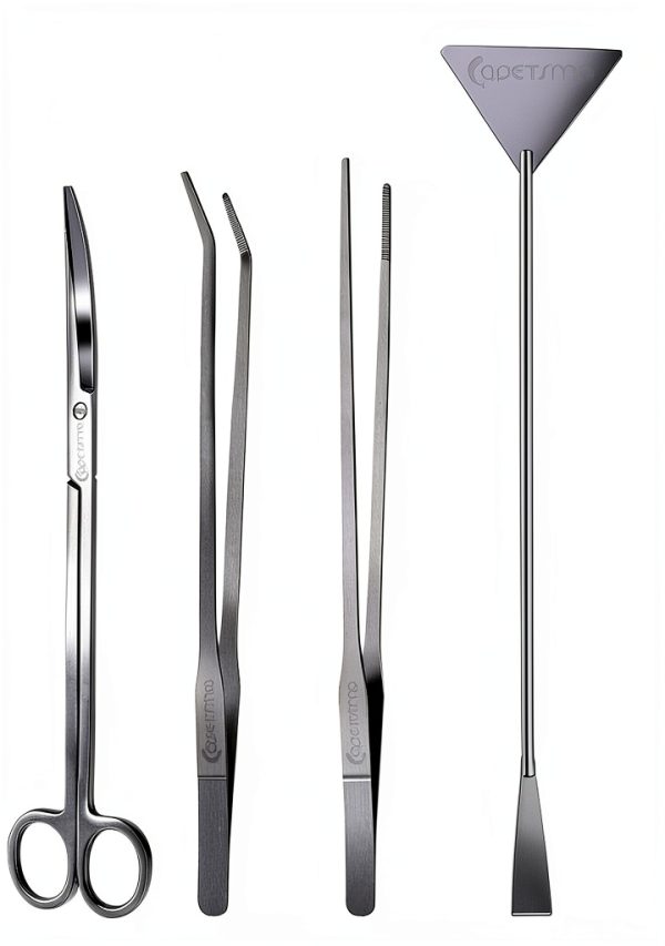 Capetsma Aquascape Long Stainless Steel Plant Tools Set - Aquarium Tweezers, Scissors, Spatula, Algae Scrapers - Fish Tank Cleaning Kit-1